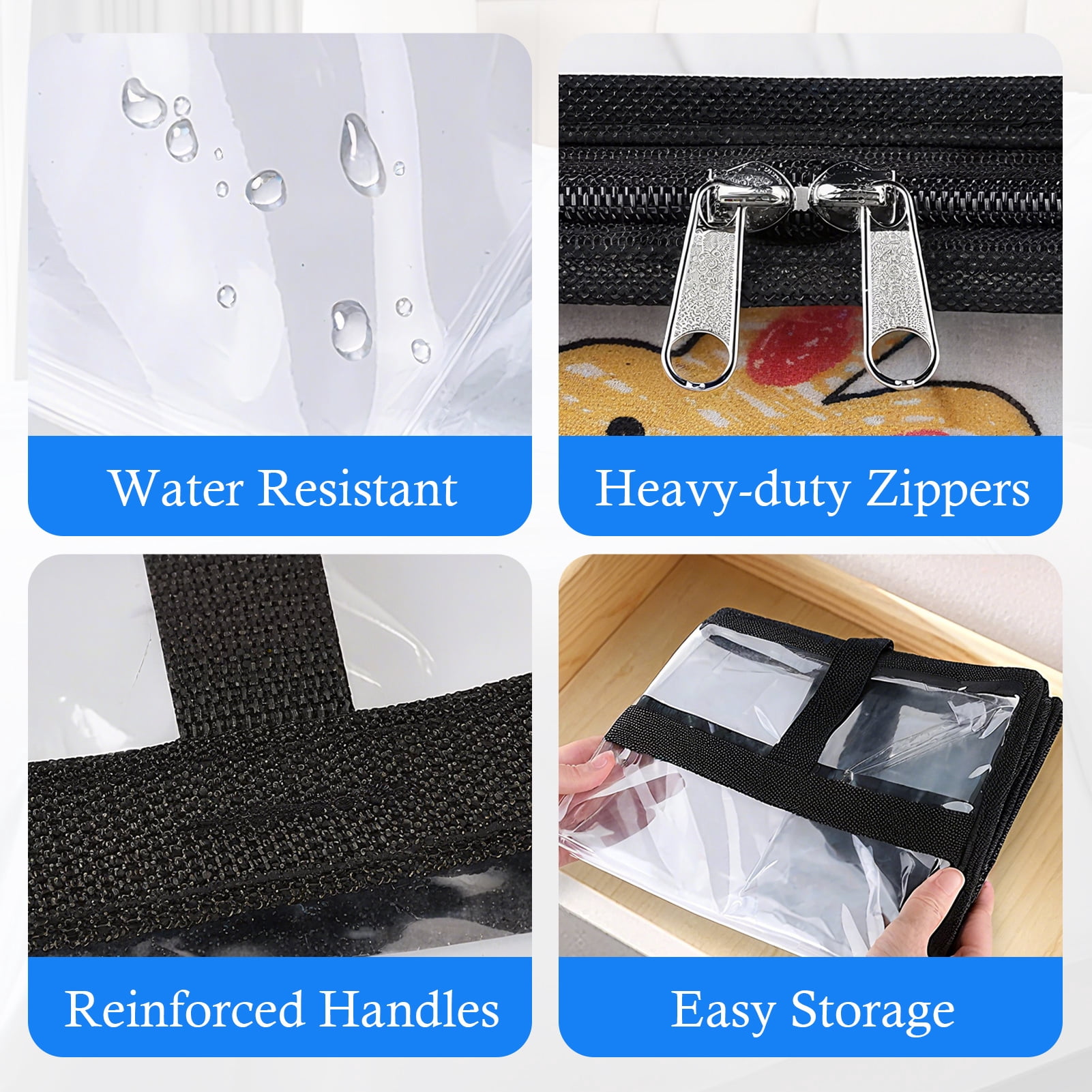 Godance 4 Pack Clear Clothes Storage Bags, 60L Plastic Blanket Storage Bags, Vinyl Foldable Moving Bags with Zipper, Closet Organizers and Storage Containers for Bedding, Comforters, Clothing, Toys