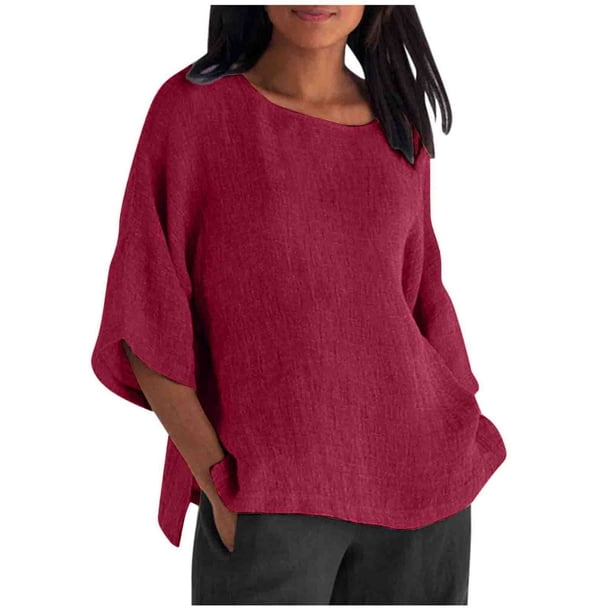 Moda de mujer media manga cuello redondo color sólido camisa casual suelta top vino/XL