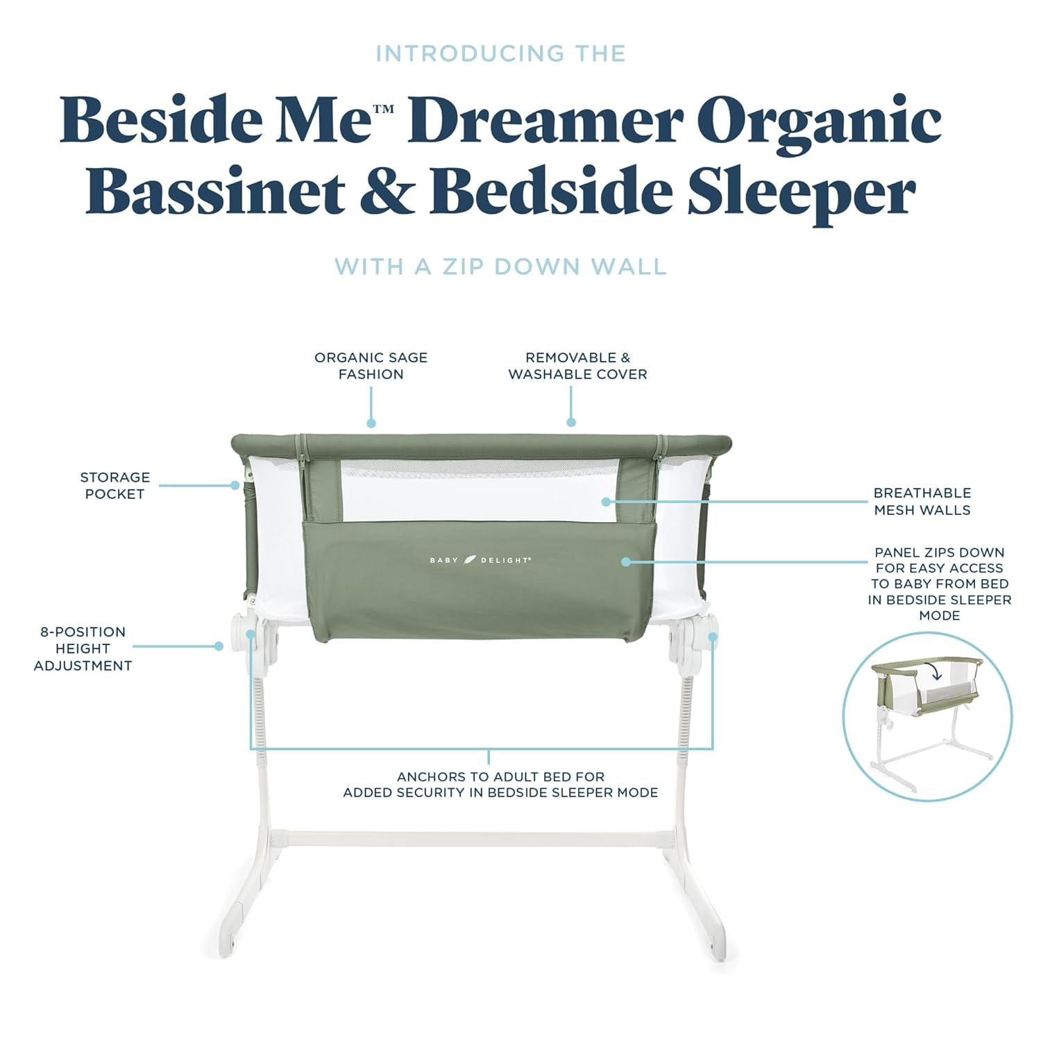Baby Delight Beside Me Dreamer Organic Bedside Sleeper and Bassinet for Infants, Sage