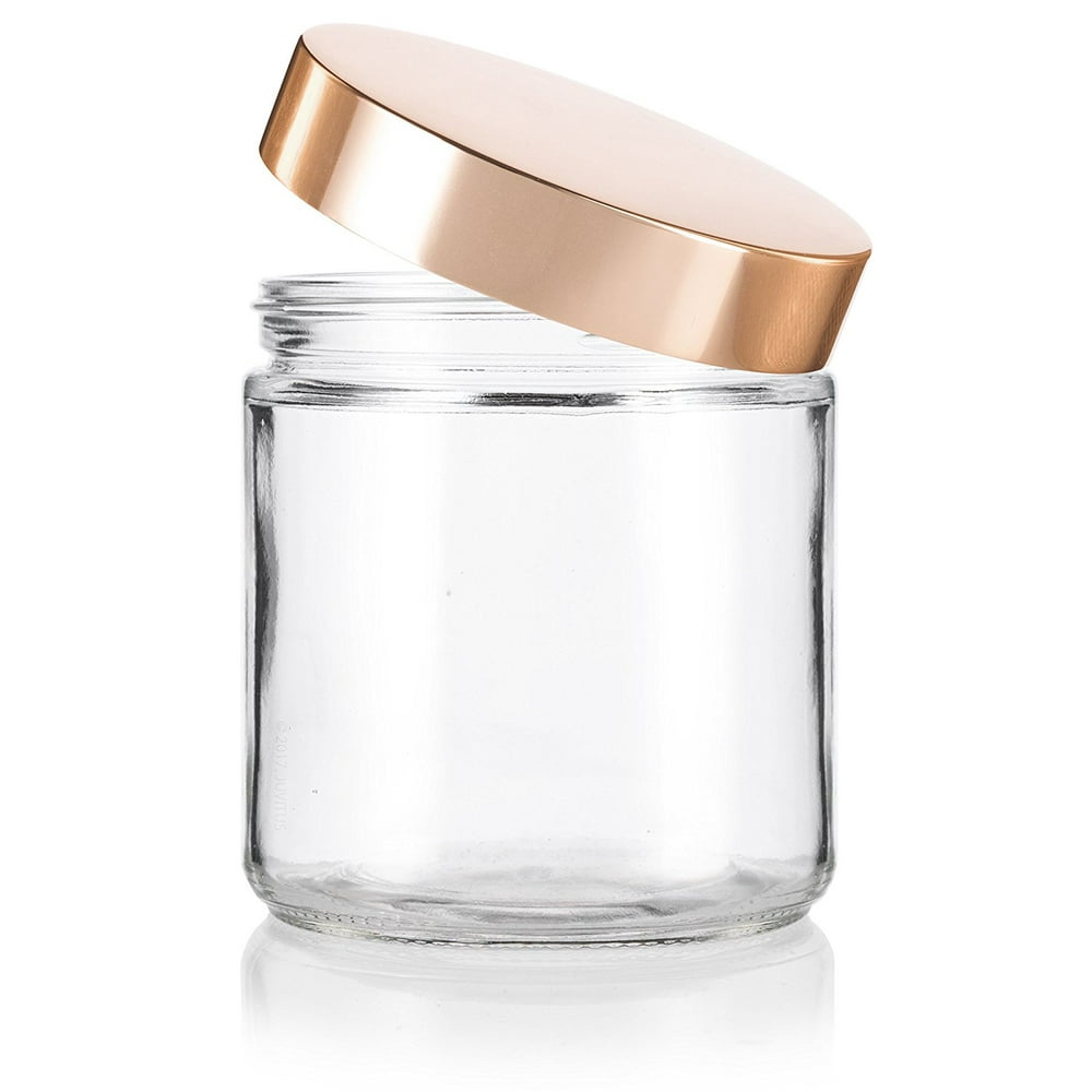 Large Clear Thick Glass Straight Sided Jar with Gold Metal Overshell