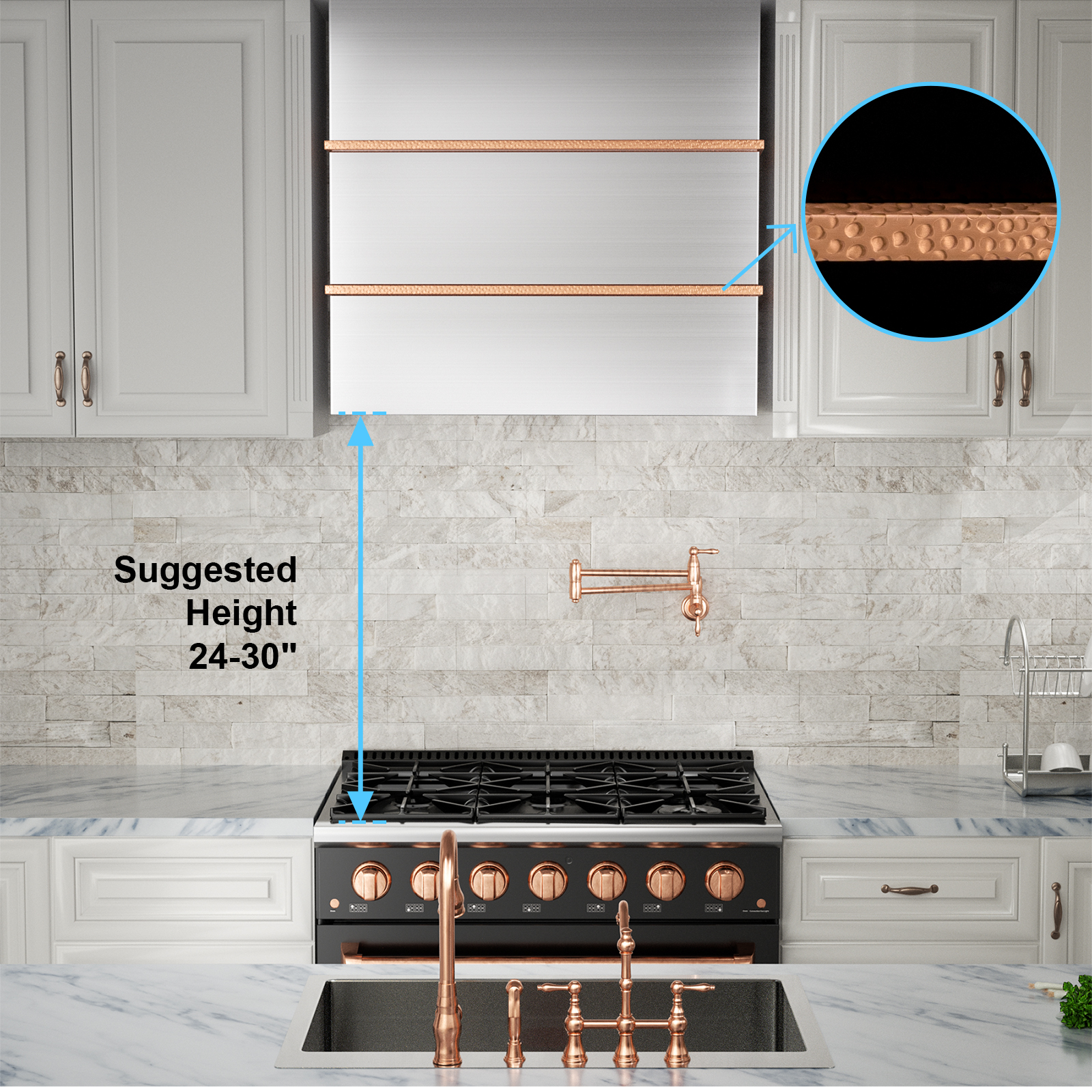 Akicon 30 inch Kitchen Range Hood with 600 CFM, Stainless steel Range Hood, Wall Mounted Range Hood, 3 Speed Fan with LED Light, Powerful Vent Motor, Brushed Stainless with Copper