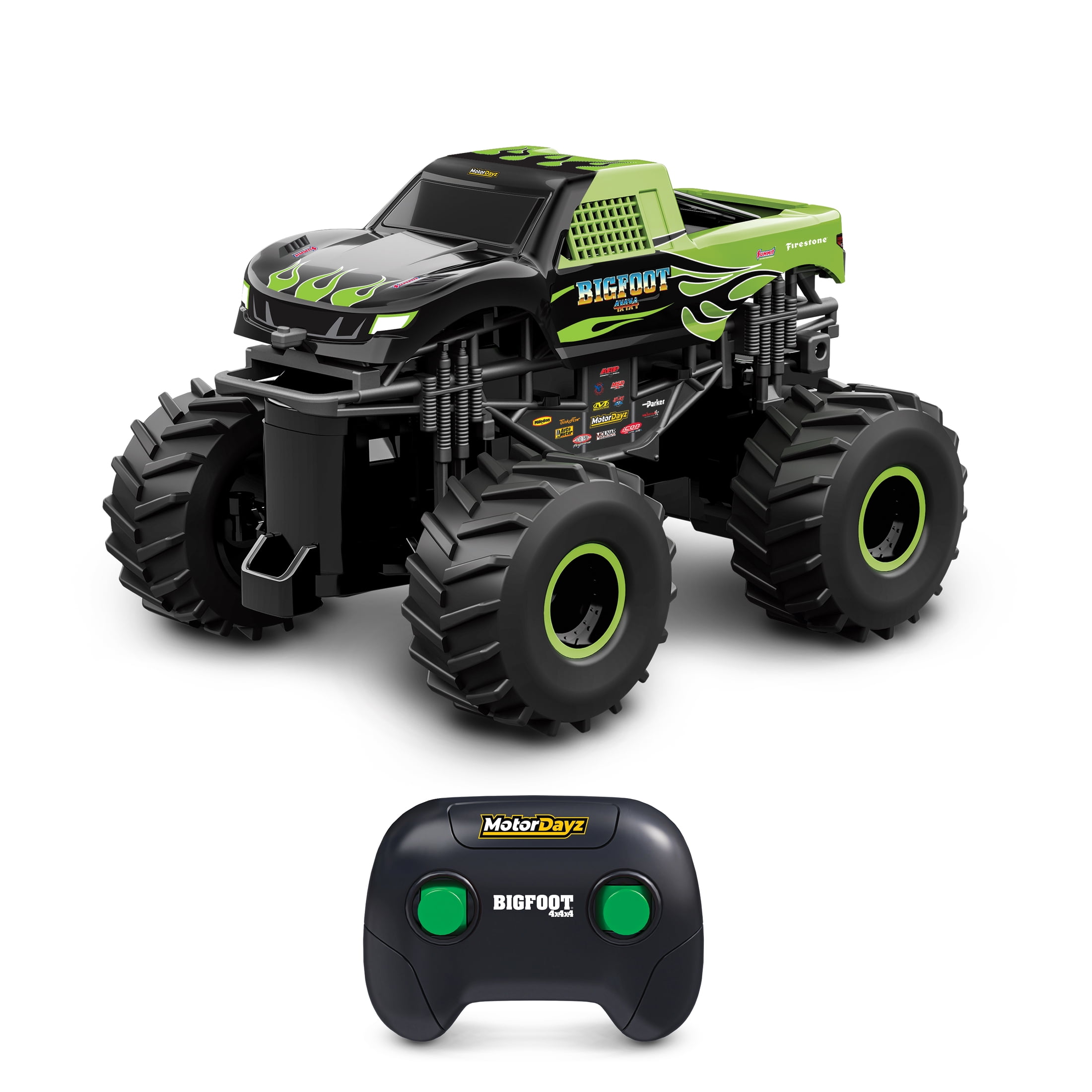 Motor Dayz R/C Bigfoot Monster Truck Green Flames 1/43e, avec lumières DEL, technologie 2,4GHz, pour enfants de 4 ans et plus MD CAMION BIGFOOT 1:43