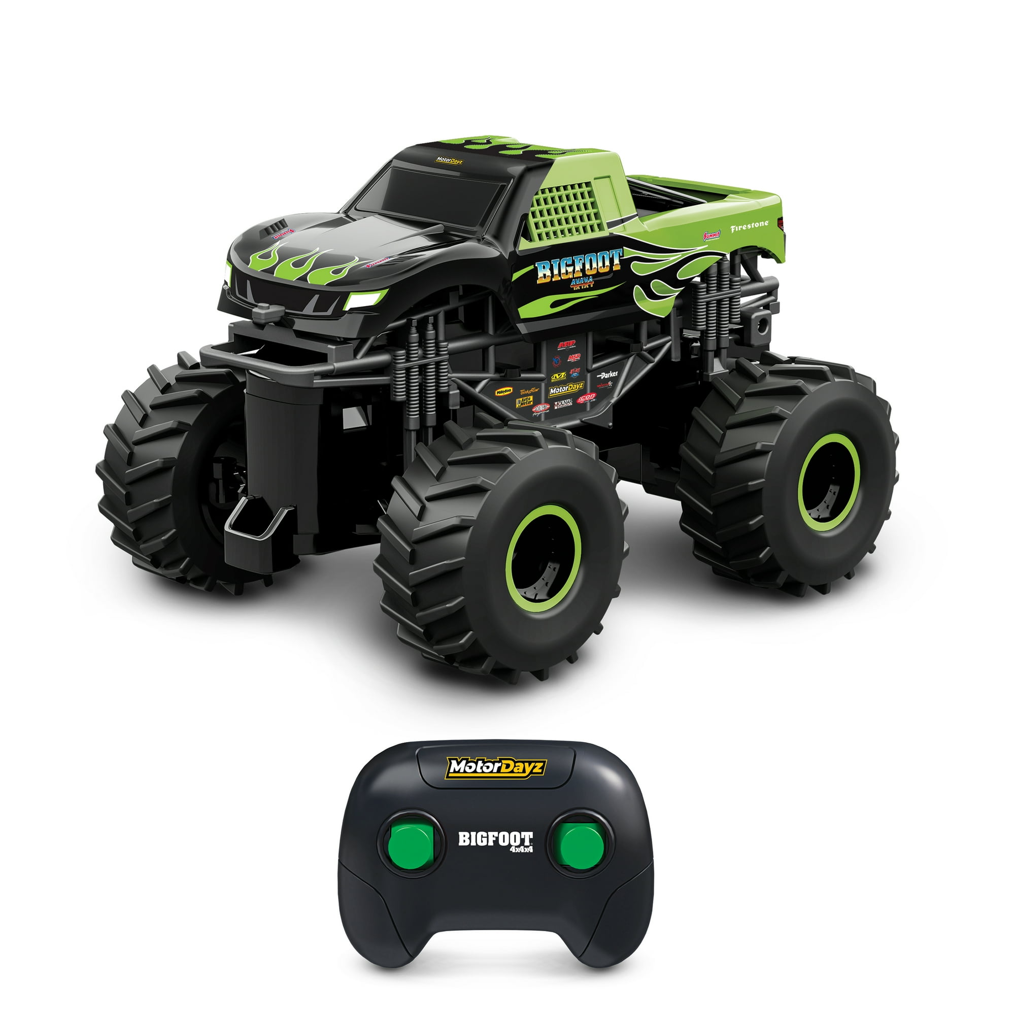Motor Dayz 1:43 Scale RC Bigfoot Green Flames Monster Truck with