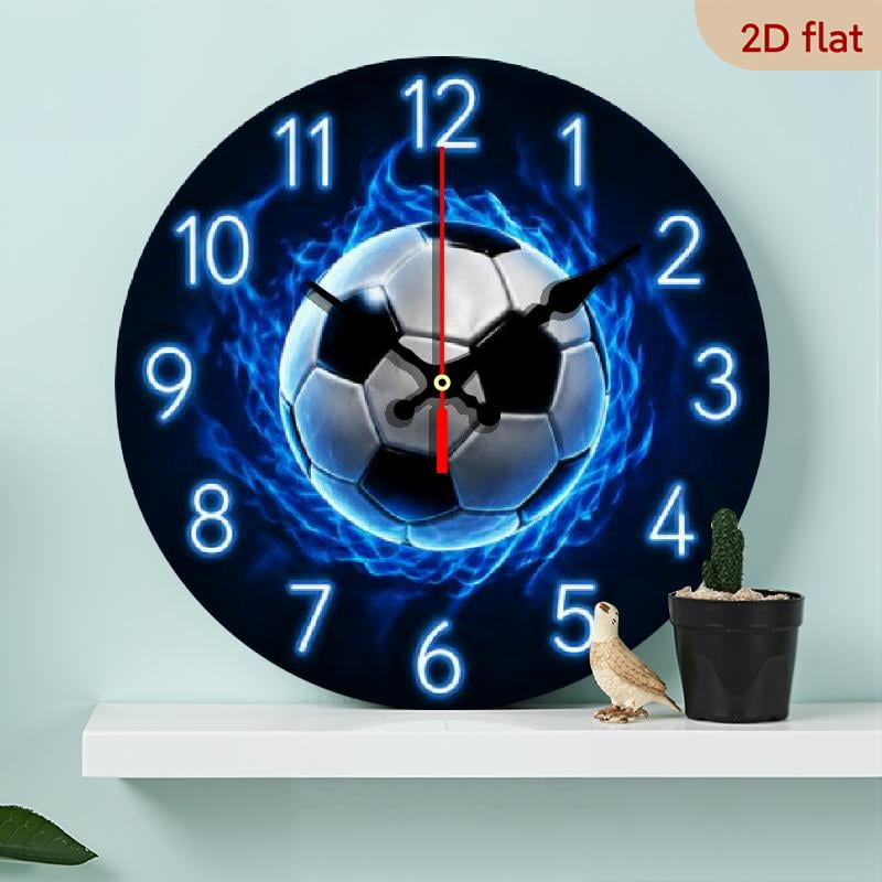 10 Inch Soccer-Themed Wall Clock, Non-Glow Numbers And Football Design - Silent No-Tick Modern Sports Decor, Black Blue Light Panel, Wood Round Clock, Suitable for Home, Office, Bedroom -