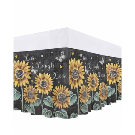 Summer Sunflowers Bed Skirt King Size, Farmhouse Cartoon Botanical Flowers Wrap Around Bed Skirting with Adjustable Elastic Strap, Dust Ruffle Pleated Bedskirts 16 Inch Drop for Bedroom King Beds