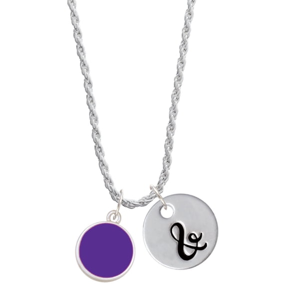 Delight Jewelry Silvertone Small Purple Enamel Disc Silvertone Script Initial Disc - & - Charm Necklace, 20"+3"