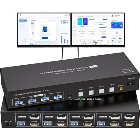 AUBEAMTO Dual Monitor HDMI DP KVM Switch 4 Computers 2 Monitors 8K@60Hz 4K@120Hz 4 Port KVM Switches for 4 PC Share 4 USB 3.0 Devices Support Copy and Extend Mode, Remote Control and Power Adapter