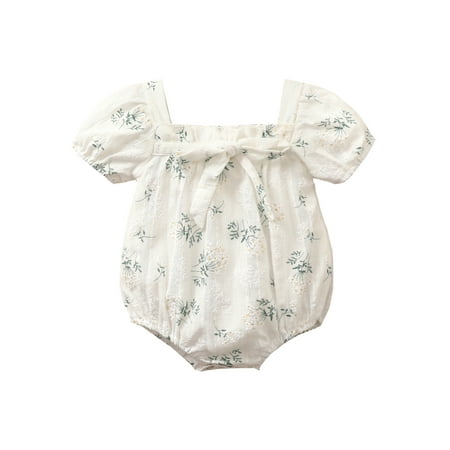 

Baby Girls Sweet Romper Bowknot Short Puff Sleeve Jacquard Jumpsuit