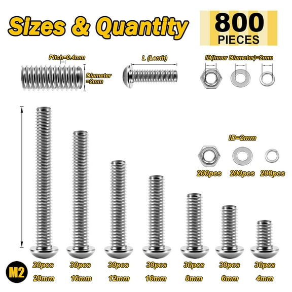 GHRTGR-800Pcs M2 Metric Screw Assortment, 304 Stainless Steel Bolts and Nuts Kit, Hex Socket Button Head, Nuts and Bolts Flat & Spring Lock Washers/Nuts/Hex Wrenches, M2*4/6/8/10/12/16/20mm