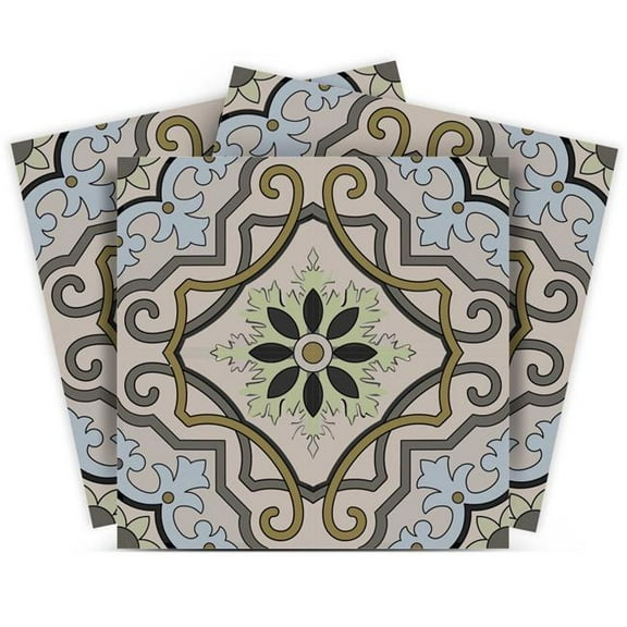 HomeRoots 555952 12 x 12 in. Taupe & Blue Scroll Peel & Stick Tiles