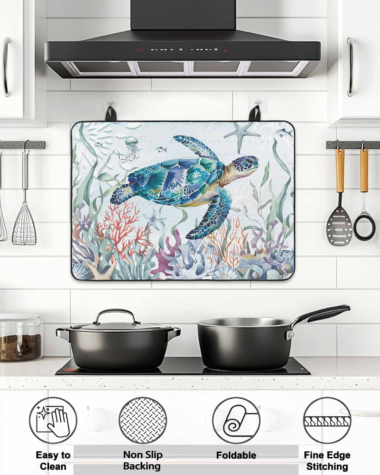 Stove Top Covers for Electric Stove, Teal Sea Turtle Coastal Glass Stovetop Cover Protector, Summer Beach Ocean Coral Induction Cooktop Protector Oven Mat for Kitchen Countertop 24"x21"