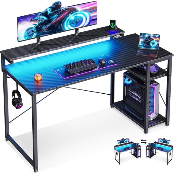 48 Inch Gaming Desk with Storage & Led Lights, Computer Desk with Shelf, Reversible Gamer Desk with Adjustable Monitor Stand, Carbon Fiber Texture Black