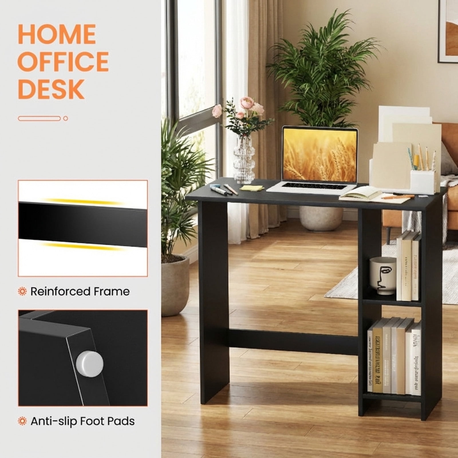 Furnibear Small Computer Writing Desk with 3-Position Adjustable Storage Shelf, Anti-Toppling Device and Reinforced Crossbar Black