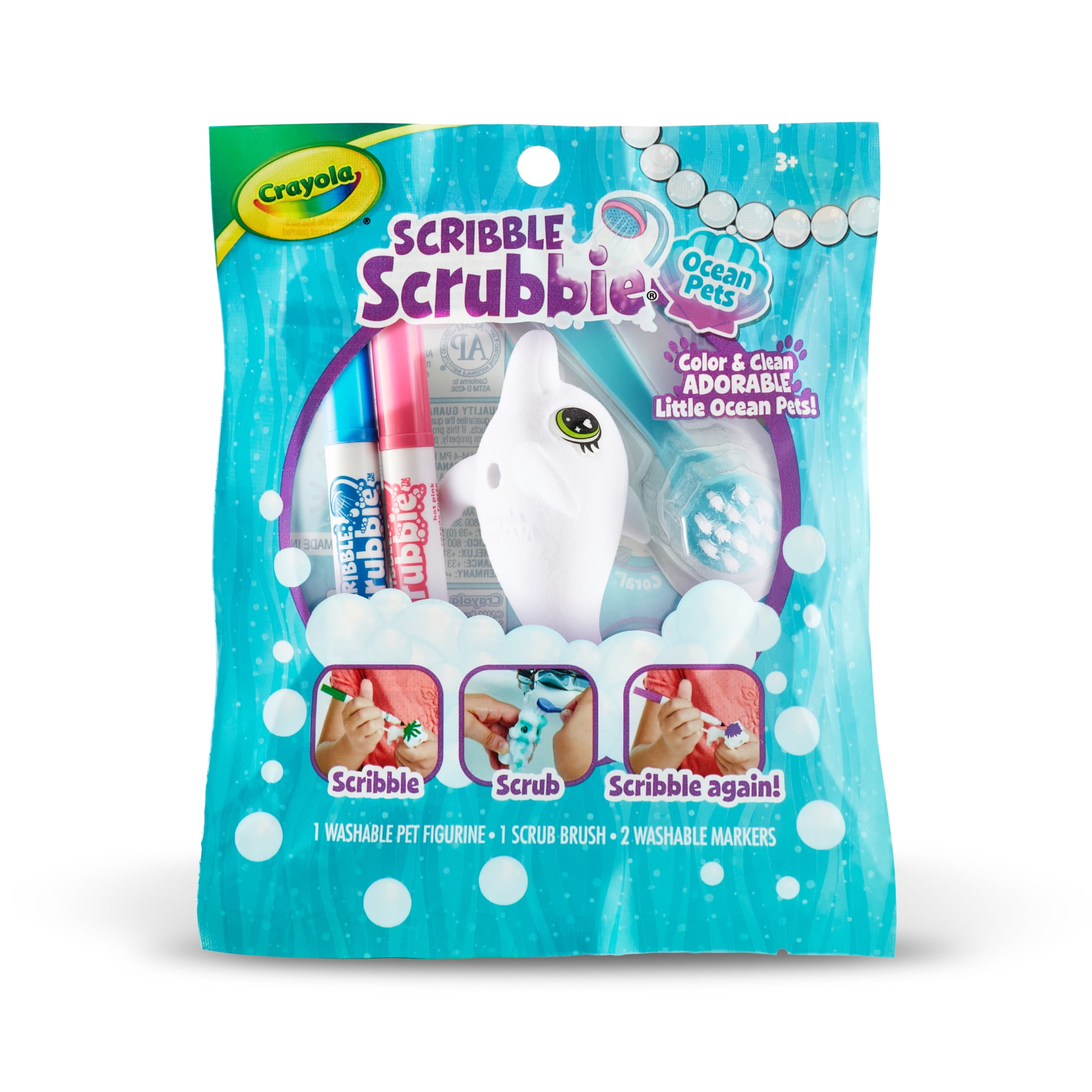 Crayola Scribble Scrubbie Pets, 1 Ct, Mystery Ocean Animal Toys with Markers, Less Mess Arts and Crafts, Color and Wash Toys for Kids, Ages 3+