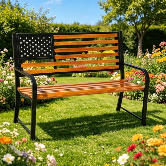 50" Garden Bench Outdoor Bench with American Flag Style, Cast Iron Metal Frame Sturdy Patio Park Bench Arch Legs for Porch, Lawn, Garden, Yard