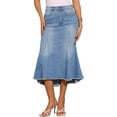 thumbnail image 1 of Falda midi casual de mujer de mezclilla desgastada con cola de pez, cintura alta, dobladillo sin terminar y bolsillos, talla M, azul claro, 1 of 5