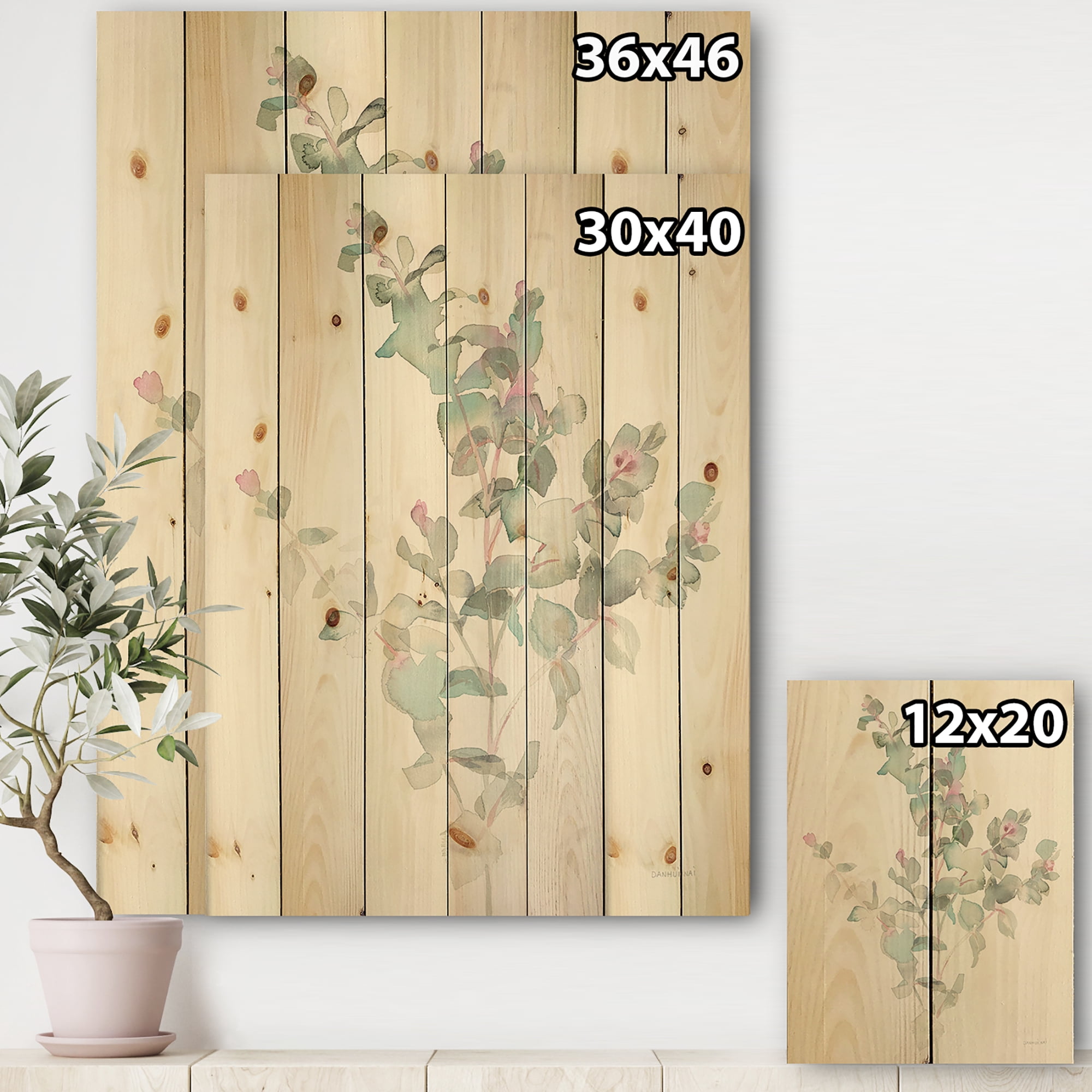 Designart 'Eucalyptus leaves II' Farmhouse Print on Natural Pine Wood