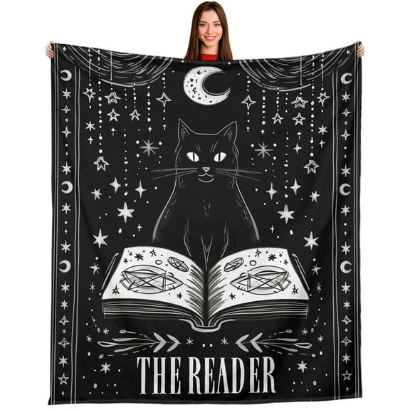 Halloween Blanket for Women Men Halloween Weird Gifts for Adults Kids Book Lovers Gifts for Reading Women Cat Lovers Blankets Gothic Book Blanket for Her Him Boo Basket Stuffers Book Blankets