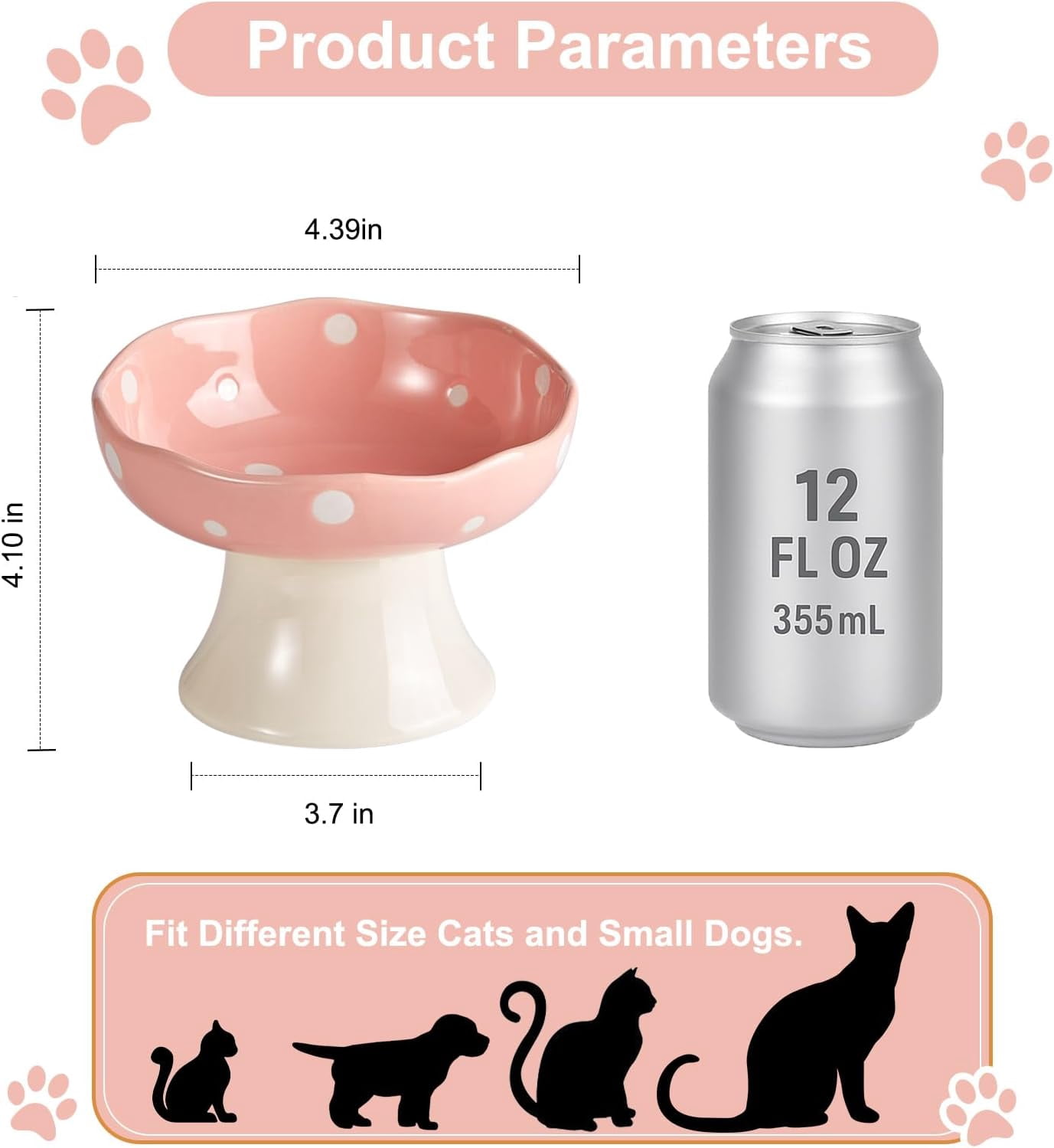Ceramic Raised Cat Bowl, Mushroom Shaped Tilted Feeding Dish, Whisker Friendly Wide Design, Dishwasher Safe for Indoor Cats