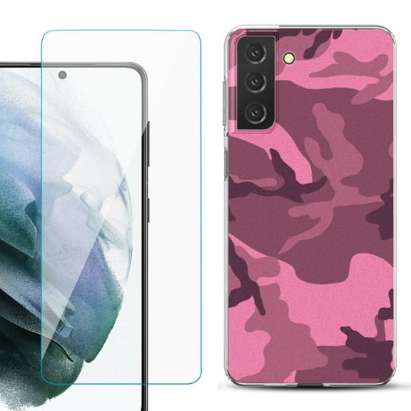 Slim-Fit TPU Fashion Phone Case for Samsung Galaxy S21 FE 5G Fan Edition, with Tempered Glass Screen Protector, by OneToughShield ® - Camo Pink