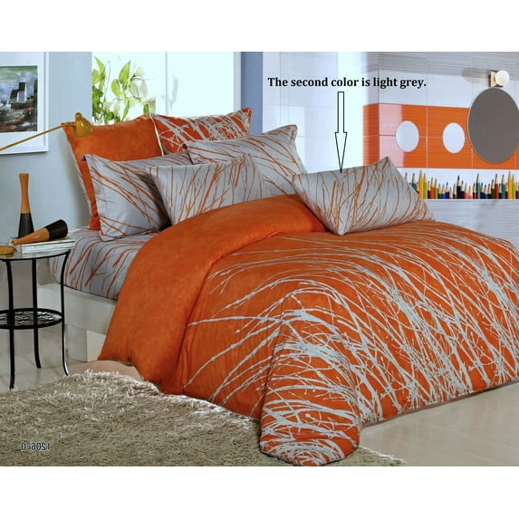 Swanson Beddings Tree Branches Reversible 5-Piece Cotton Bedding Set: Duvet Cover, Two Pillow Shams and Two Euro Shams Orange-Gray King Size (No Comforter Included)