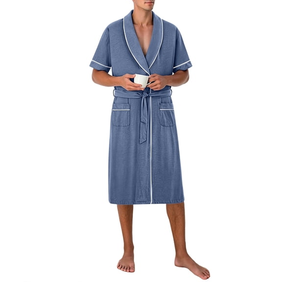Men's Robe Belted Short Sleeve Bathrobe Lighteright Summer Soft Robe for Spa Sleep Bath Wear Blue L