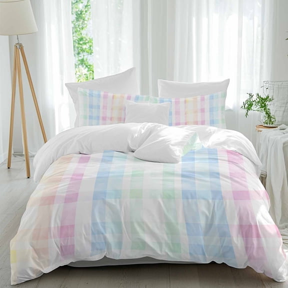 3 Piece Blue Pink Plaid Duvet Cover Set Full Size,Microfiber Comforter/Quilt Cover with Corner Ties and 2 Pillowcases,Pastel Green White Buffalo Patchwork All Season Soft Bedding with Zipper Closure