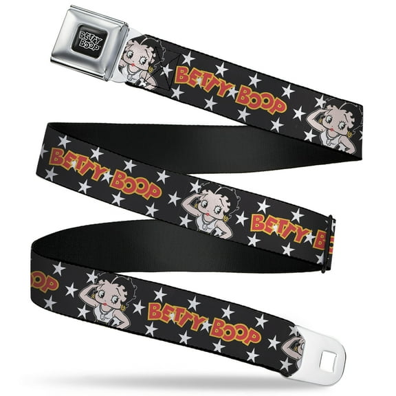 Fleischer Studios, Inc. Belt, Seatbelt Buckle Belt, Betty Boop Salute Pose and Text Stars Black White Yellow Red, 30 to 44 Inches