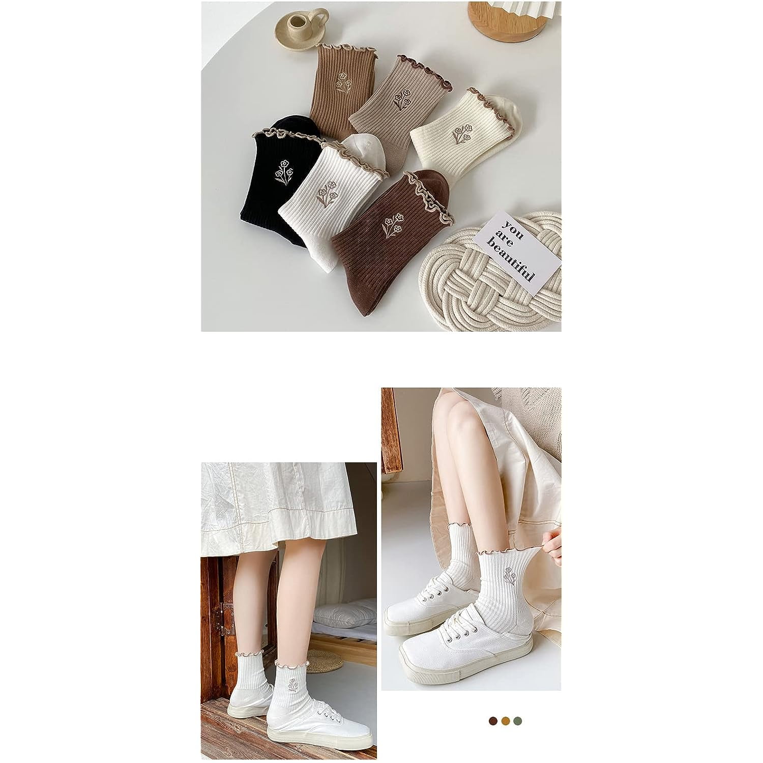 Holzlrgus Women Cute Ruffle Frilly Aesthetic Ankle Socks Flower Embroidery Turn Cuff Crew Cotton Socks Teen Girls