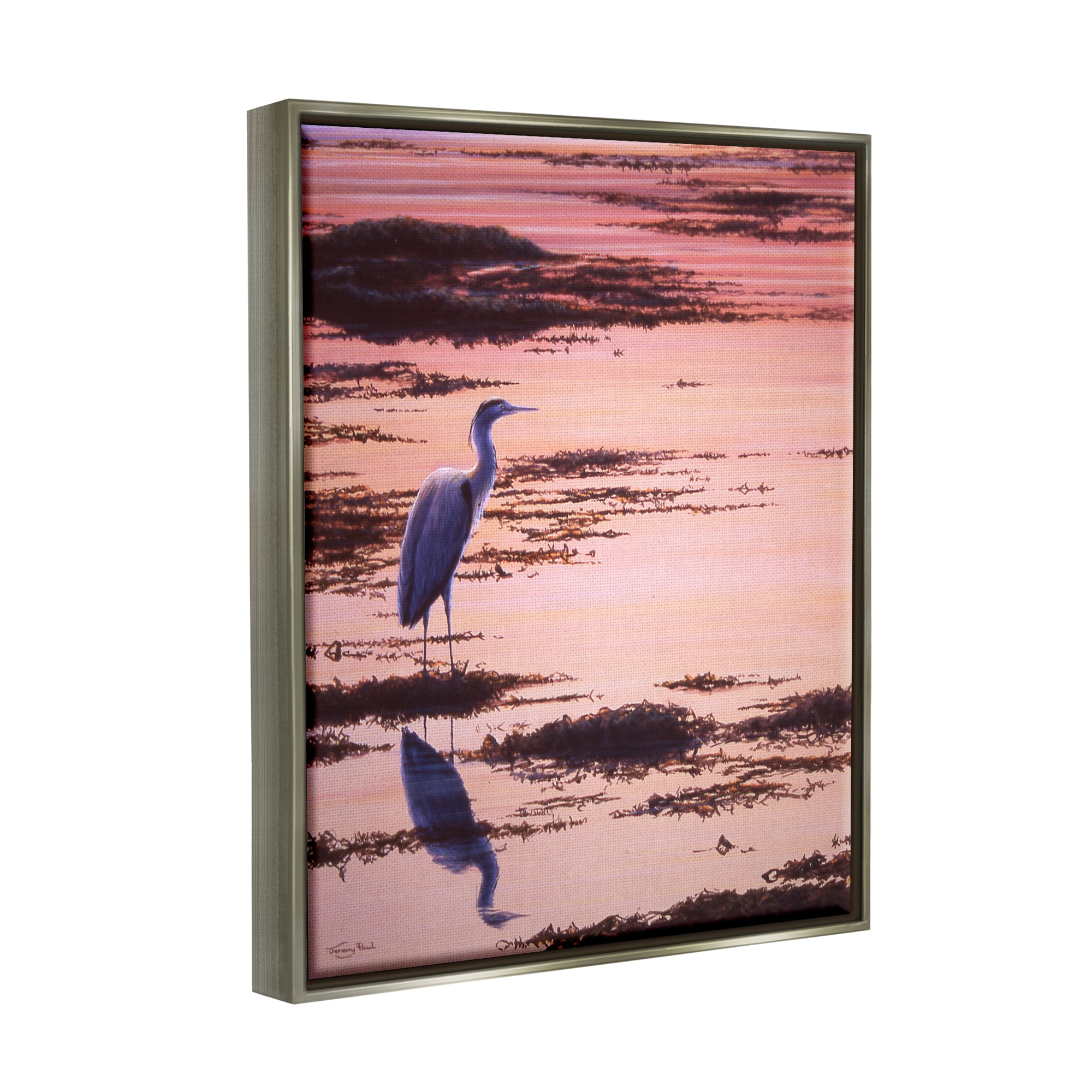 Stupell Industries Crane Bird in Sunrise Marsh Coastal Photography Gray Floater Framed Art Print Wall Art