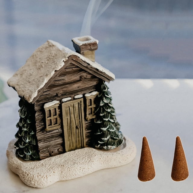 Cheminée de Noël Résine Neige Chalet d'Hiver Brûleurs d'Encens avec 2 Bâtons d'Encens