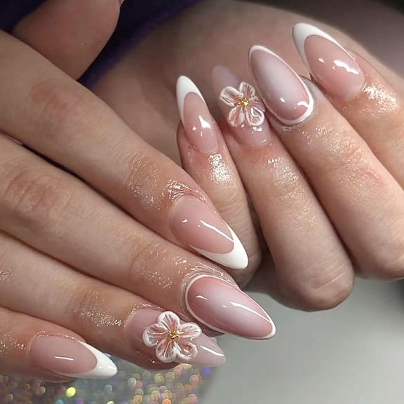 3D Flower Butterfly Press on Nails Blush Gradient Fake Nails with Design Ballerina Long Almond Artificial Stick on Nail Glossy Full Cover Acrylic Glue on Nail for Women DIY Manicure Multicolor White