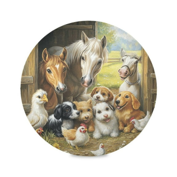 WOBOGO Farm Animals Round Placemats Set of 1 Heat Resistant Washable Kitchen Table Decorations 15.4in