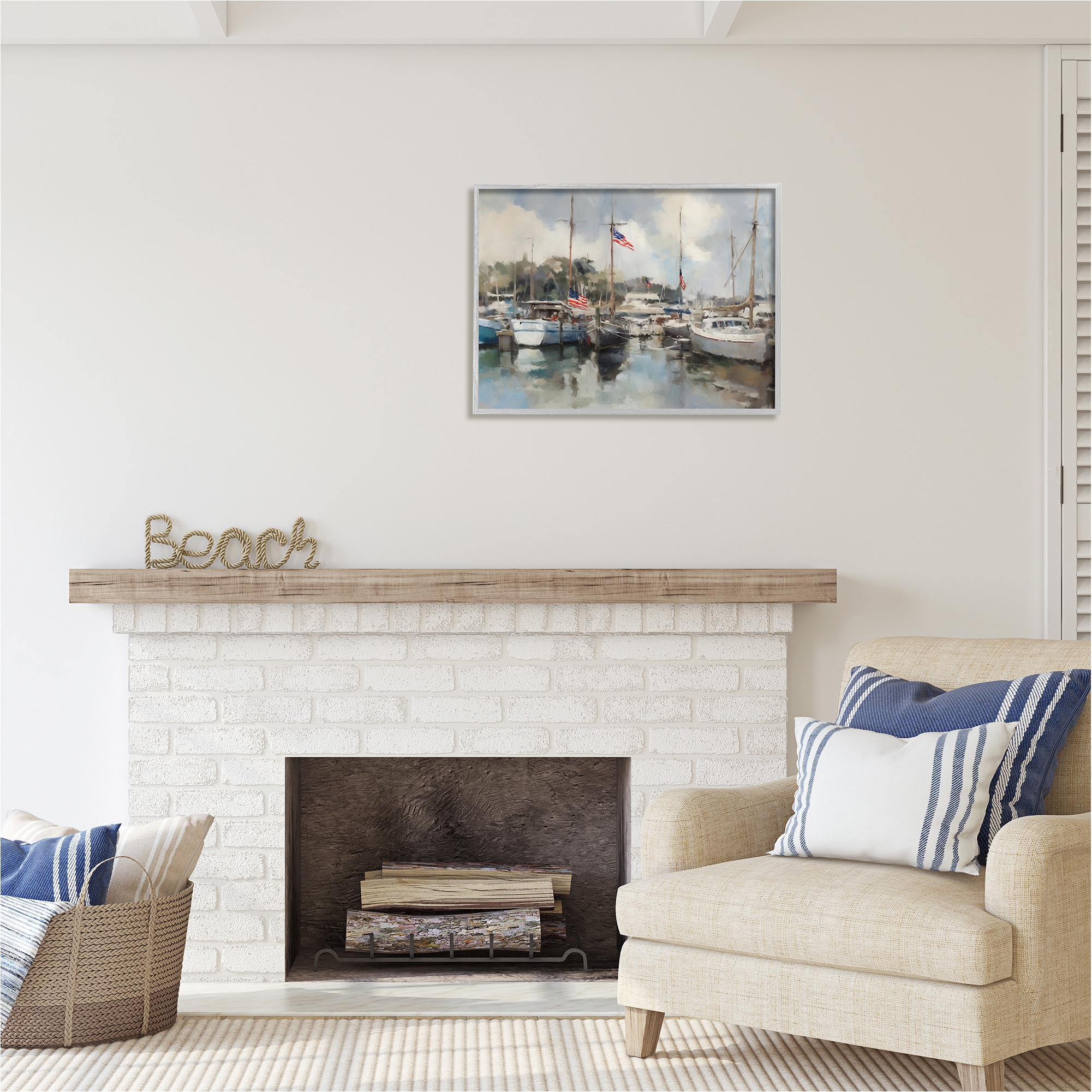 Stupell Industries Boats with American Flags Transportation Painting Gray Framed Art Print Wall Art, 30 x 24