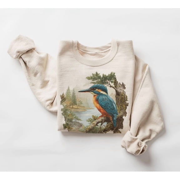 Retro Kingfisher Bird Sweatshirt - Vintage Style Birdwatching Crewneck - Wildlife Birding Sweatshirt - Sizes S-5XL ,Art Print JSC