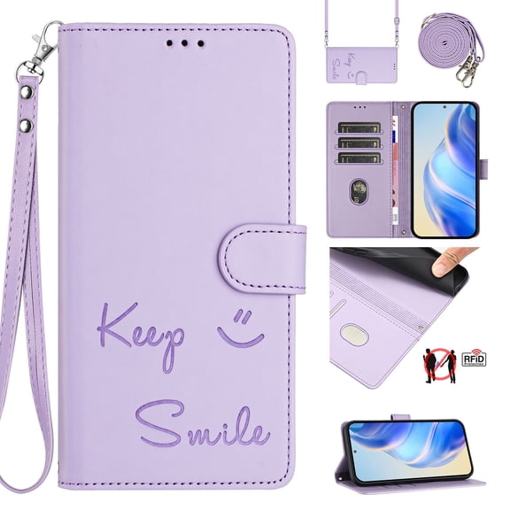 Flip Case for Samsung Galaxy S25 FE, Embossed PU Leather Full body Protection Wallet Case, Card Slots Kickstand, Wrist Strap Shoulder Strap, RFID Blocking Magnetic Closure Phone Cover, Purple