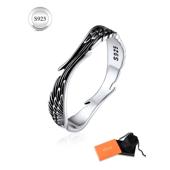 Silvora Feather Angel Wing Ring for Women Men 925 Sterling Silver Wedding Band Cool Ring Stacking Finger Ring Size 9