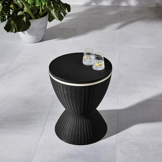 Table d’appoint ronde extérieure avec glacière en simili rotin HOMETRENDS, noir