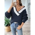 thumbnail image 3 of Womens Long Sleeve - Knit Pullover Tops Contrast Color Stitching V-Neck Pullover Sweater Hidden Blue S, 3 of 7