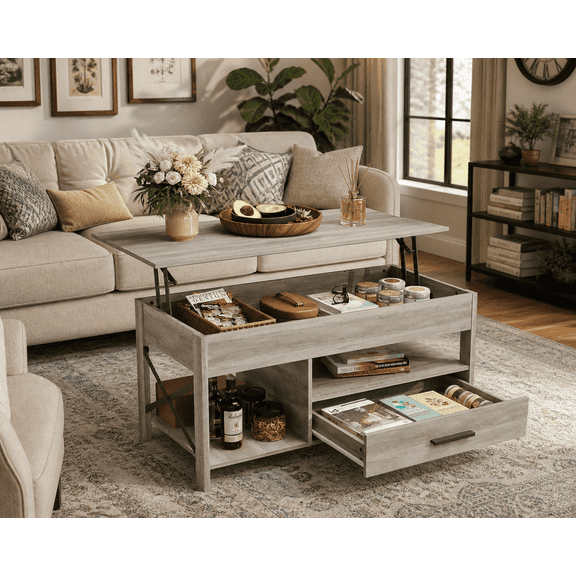 Coffee Table, 39" Lift Top Coffee Table with Hidden Compartment, Storage Drawers and Storage Shelf for Living Room, Reception Room Greige
