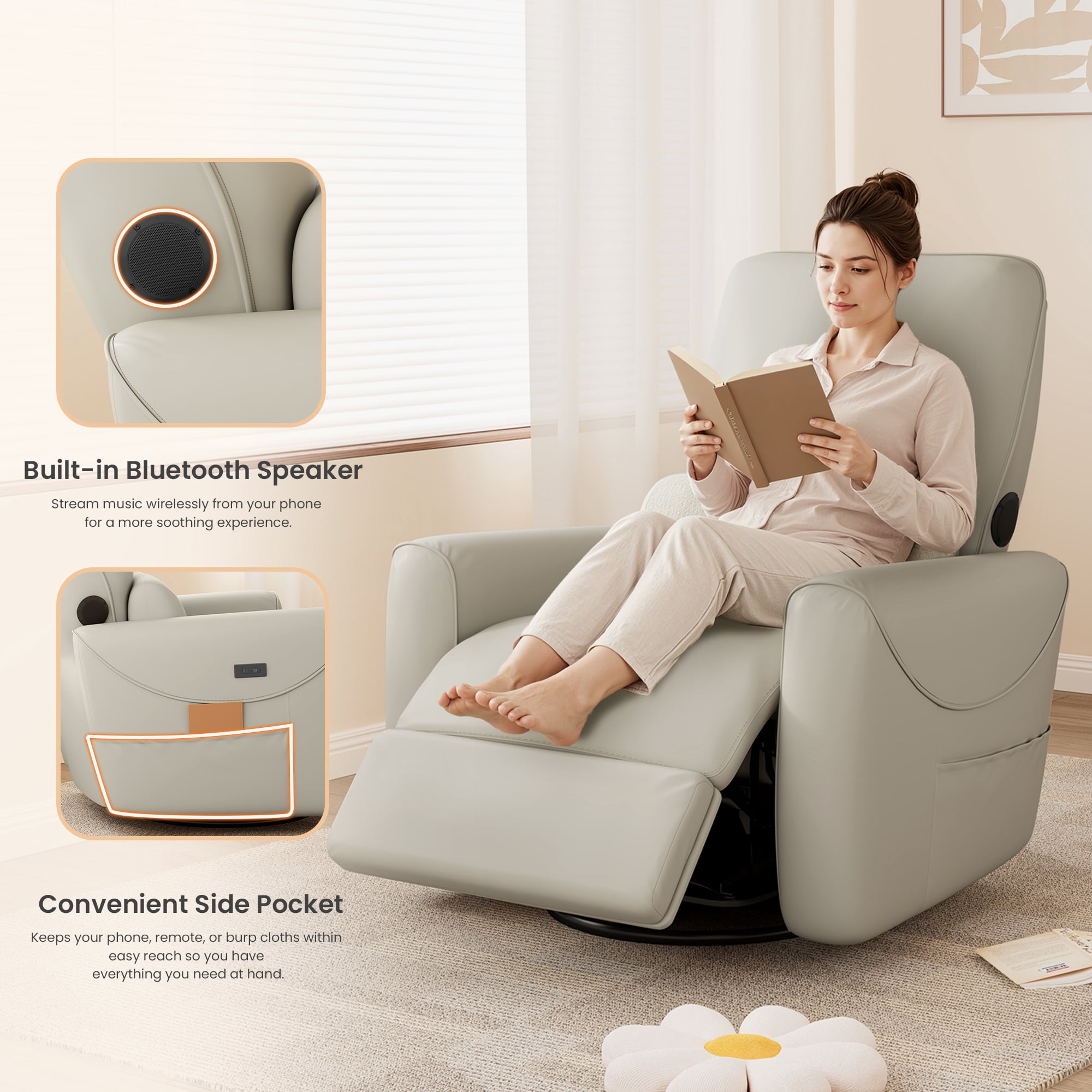 SERWALL Bluetooth Nursery Rocking Chair with 270° Swivel, Swiverl Glider Rocking Chair with USB-C Port & Speaker, Faux Leather Gray