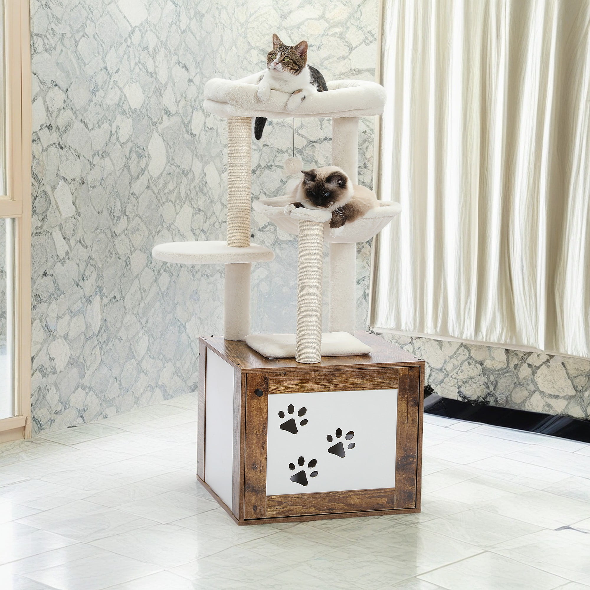 Pefilos 46" Cat Tree Tower with Litter Box Enclosure, Wood Cat Condo with Hammock, Cat Scratching Posts, Removable Top Perch, Brown Pefilos 46" Cat Tree Tower with Litter Box Enclosure, Wood Cat Condo with Hammock, Cat Scratching Posts, Removable Top Perch, Brown