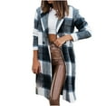 thumbnail image 3 of DDAPJ pyju Women's Long Plaid Shacket Notched Collar Double Breasted Peacoat Wool Blend Tartan Trench Coat Blue L, 3 of 9