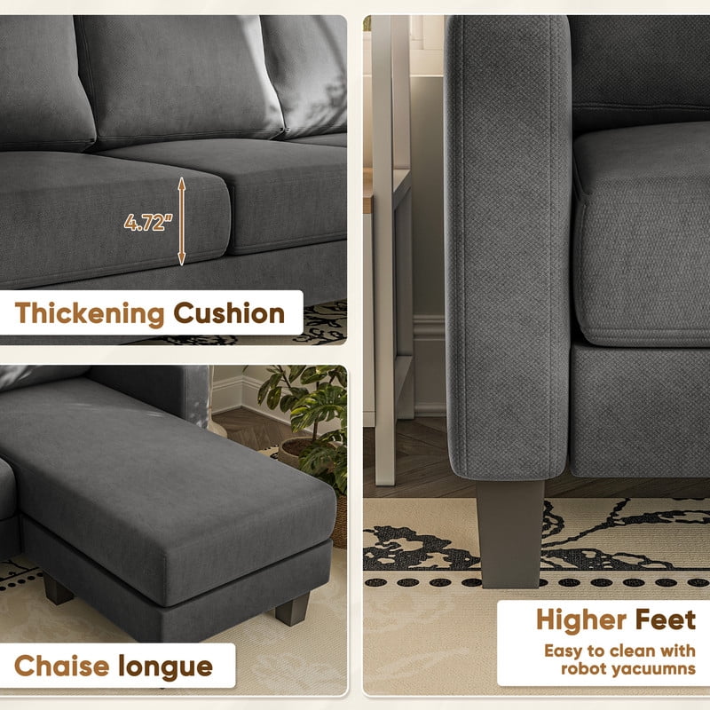 Furmax 70" Convertible Sectional Sofa Couch 3-Seat L-Shaped Small Sofa Couch with Reversible Chaise for Small Living Room, Apartment and Small Space, Linen Dark Gray