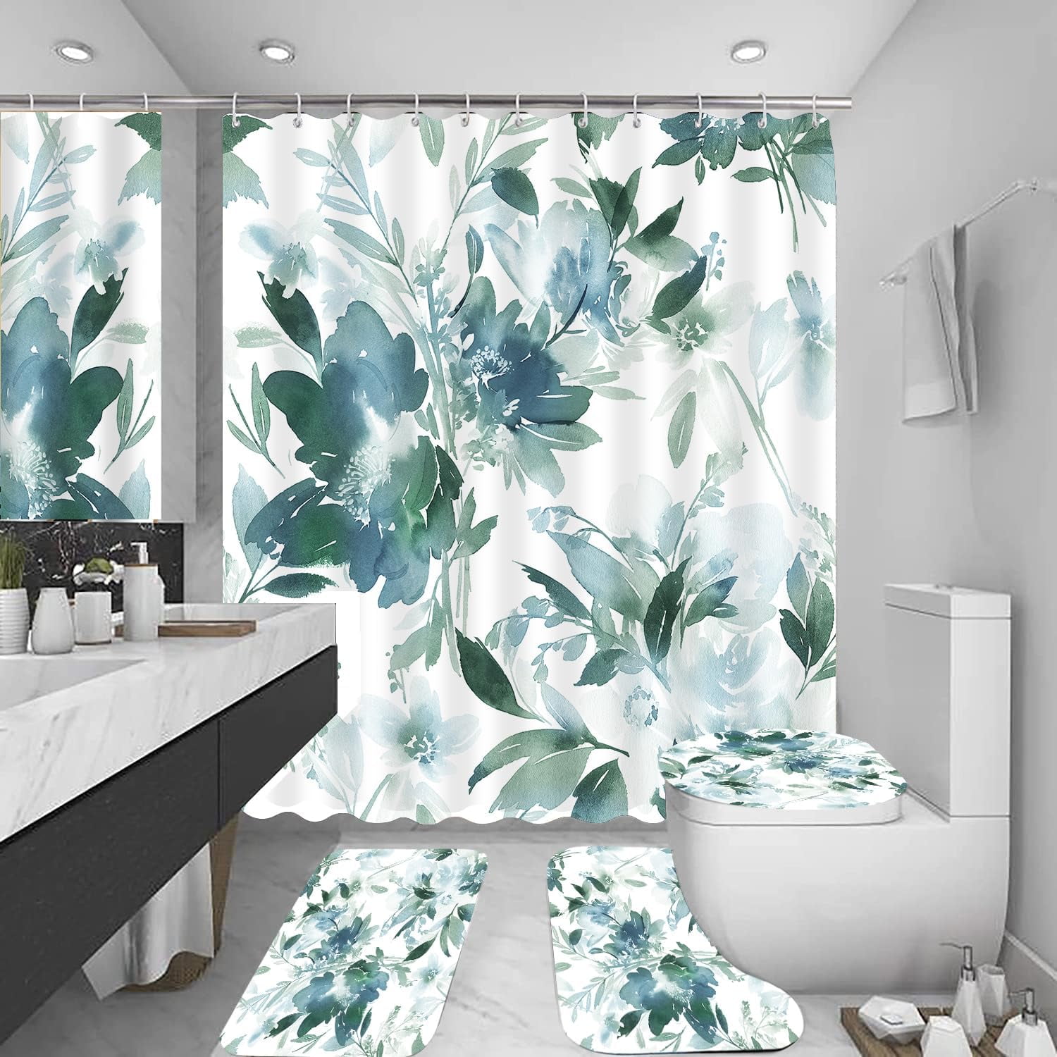 Green Leaves Shower Curtain Set Bathroom Sets Flower Shower Curtain Set with Rugs,Bathroom Shower Curtain Set with Carpet Bath Mat Toilet Rugs