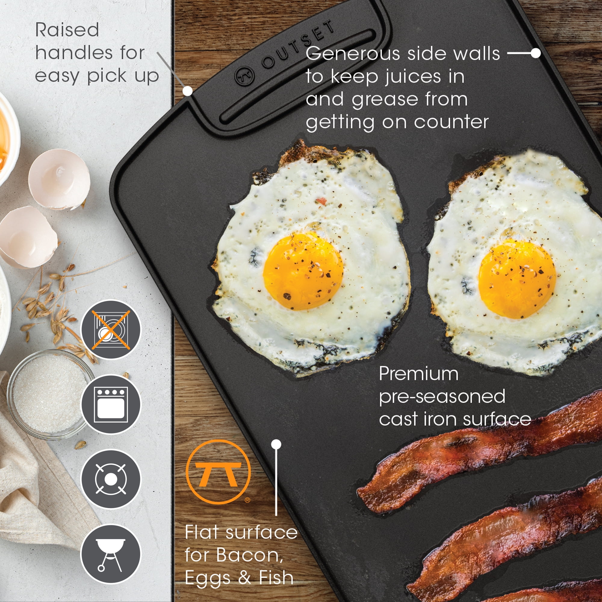 Outset Reversible Cast Iron Griddle, 18” x 10” x 0.75”