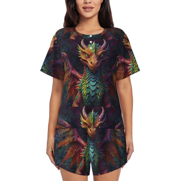 Fotbe Whimsical Dragon Color Cool Conjunto de Pijama Estampado para Mujer, 2 Piezas, Ropa de Dormir con Camiseta de Manga Corta y Shorts Suaves-X-Large
