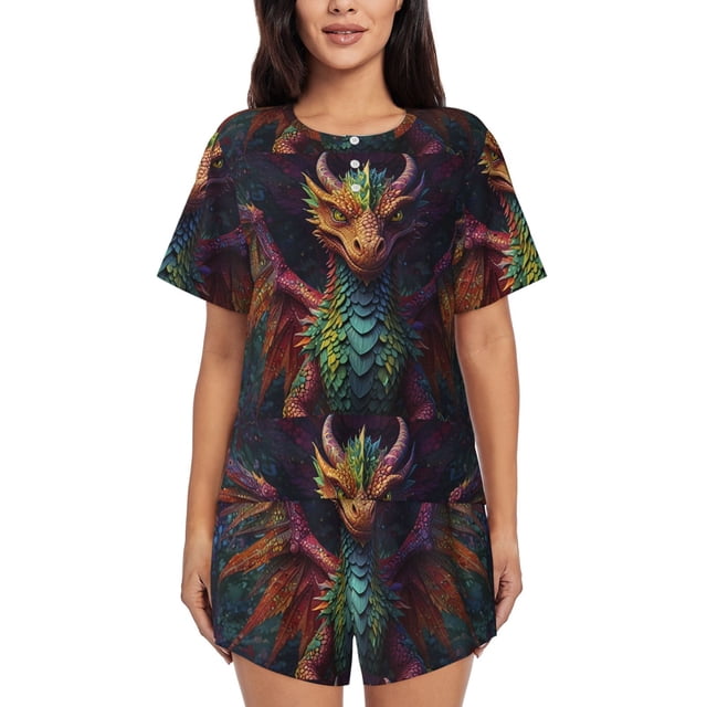 Xecao Whimsical Dragon Color Cool Pattern Women's Short Sleeve Pajama Set Soft Sleepwear Lounge Set with Button Front Top and Drawstring Shorts with Pockets-4X-Large