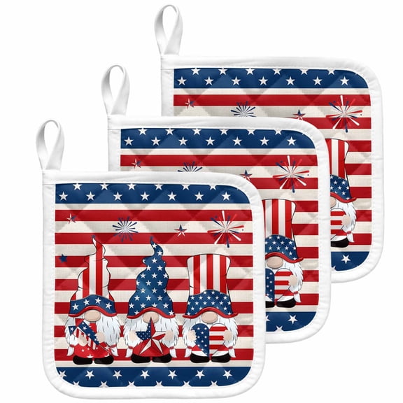 Independence Day Gnomes Pot Holders for Kitchen Heatproof Potholder, 3 Pack 4th of July Red Striped Hot Pads Multipurpose Oven Pads Cloth Potholders Trivet for Cooking Baking