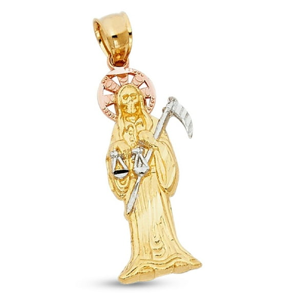 14k Tri Color Gold Santa Muerte Holy Charm Pendant Religious Grim Reaper Angel Of Death Polished Genuine New 30 mm x 10 mm